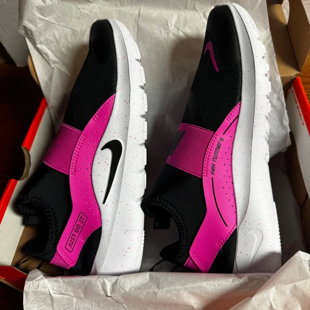 Nike Flex‎ Runner 4 GS Kids Black Pink Slip On Athletic Shoes Size 7Y